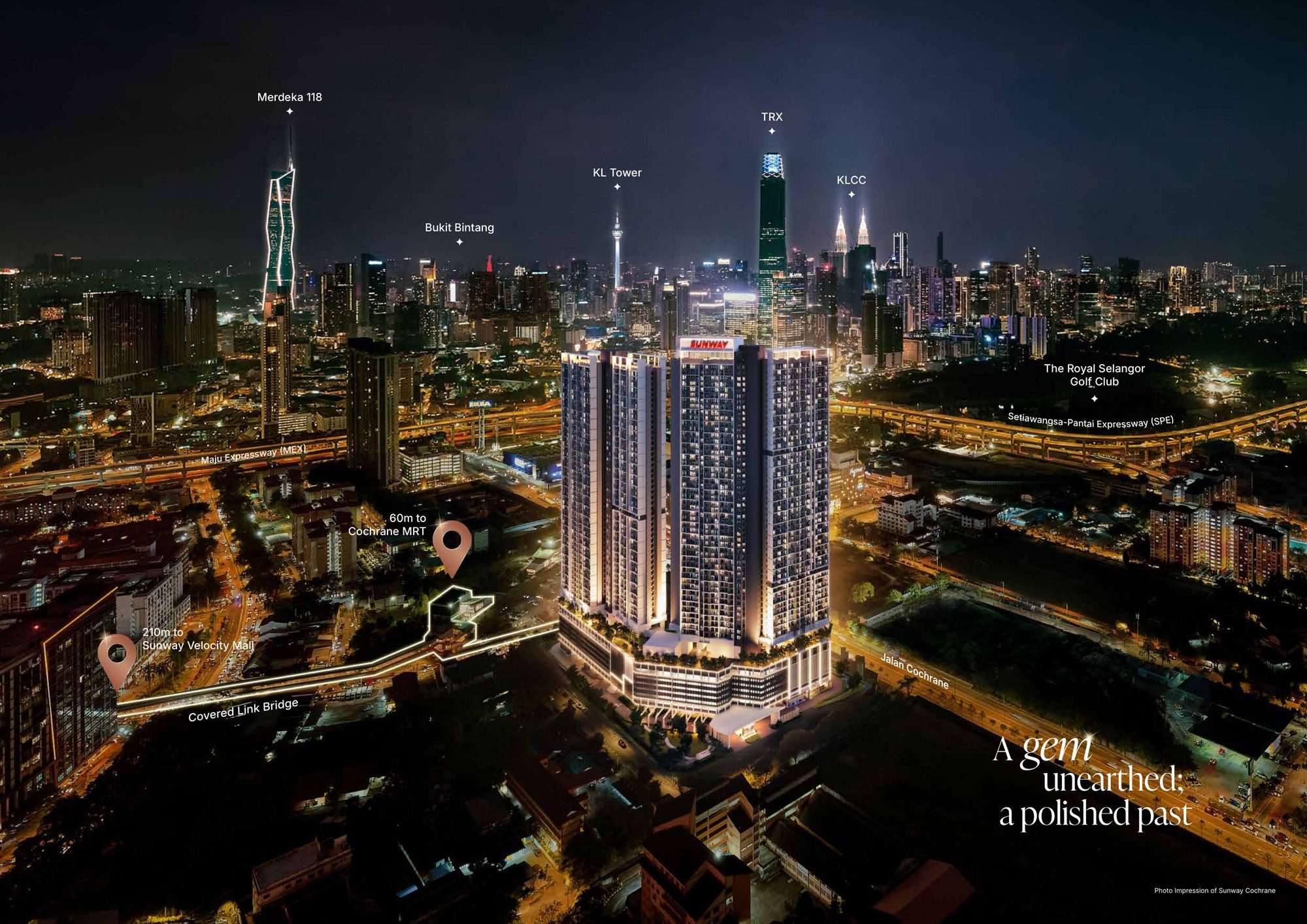 Sunway Cochrane location map — 60m to Cochrane MRT, 210m to Sunway Velocity Mall, near KLCC, KL Tower, TRX and Royal Selangor Golf Club